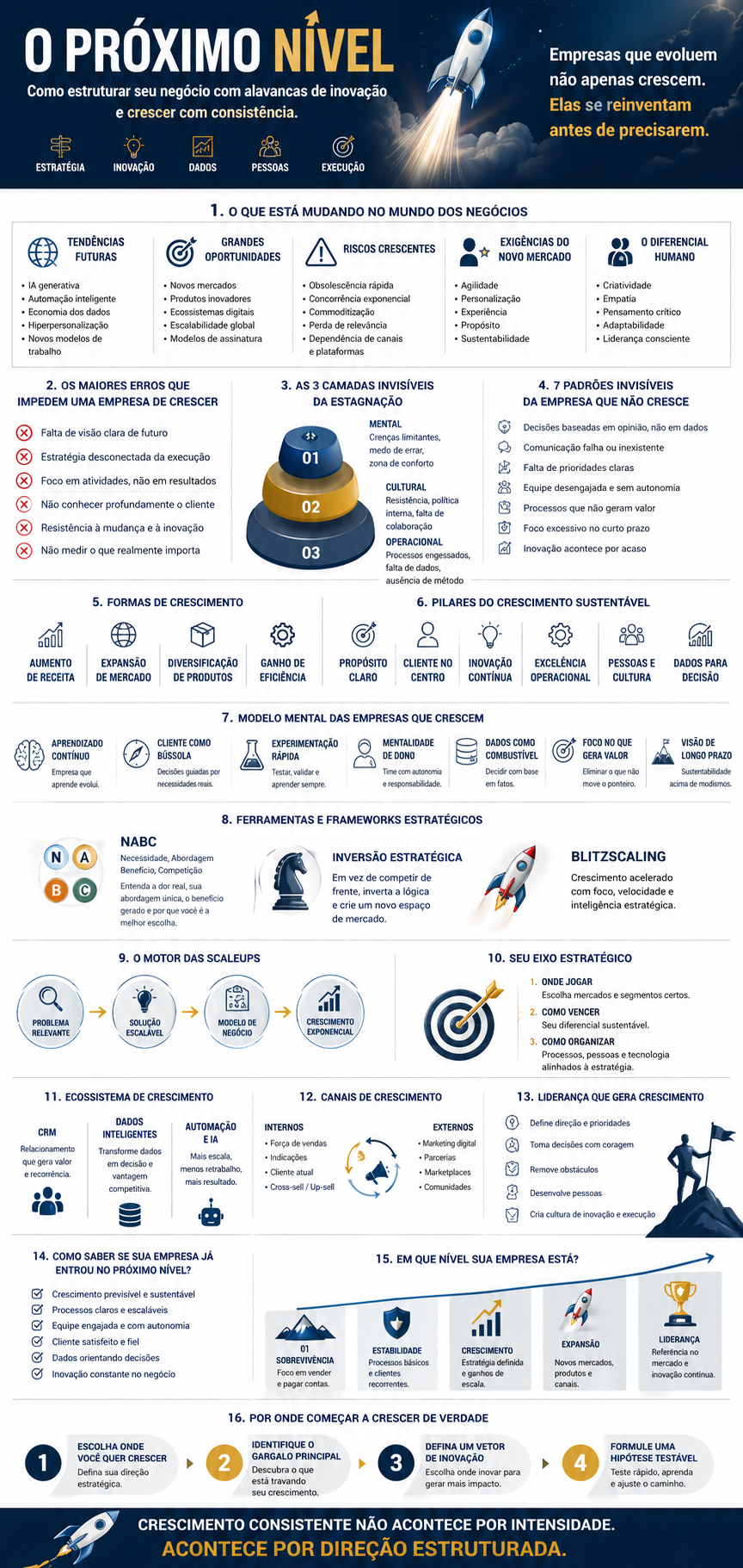 Infográfico O Próximo Nível com pilares, erros, tendências e estratégia de crescimento